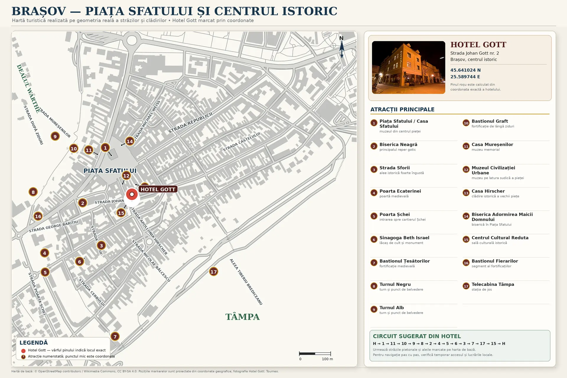 Hartă turistică detaliată a Brașovului cu locația Hotel Gott